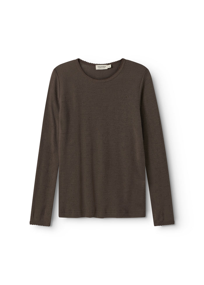 Uld pointelle langærmet T-shirt i mørk brun med rund hals