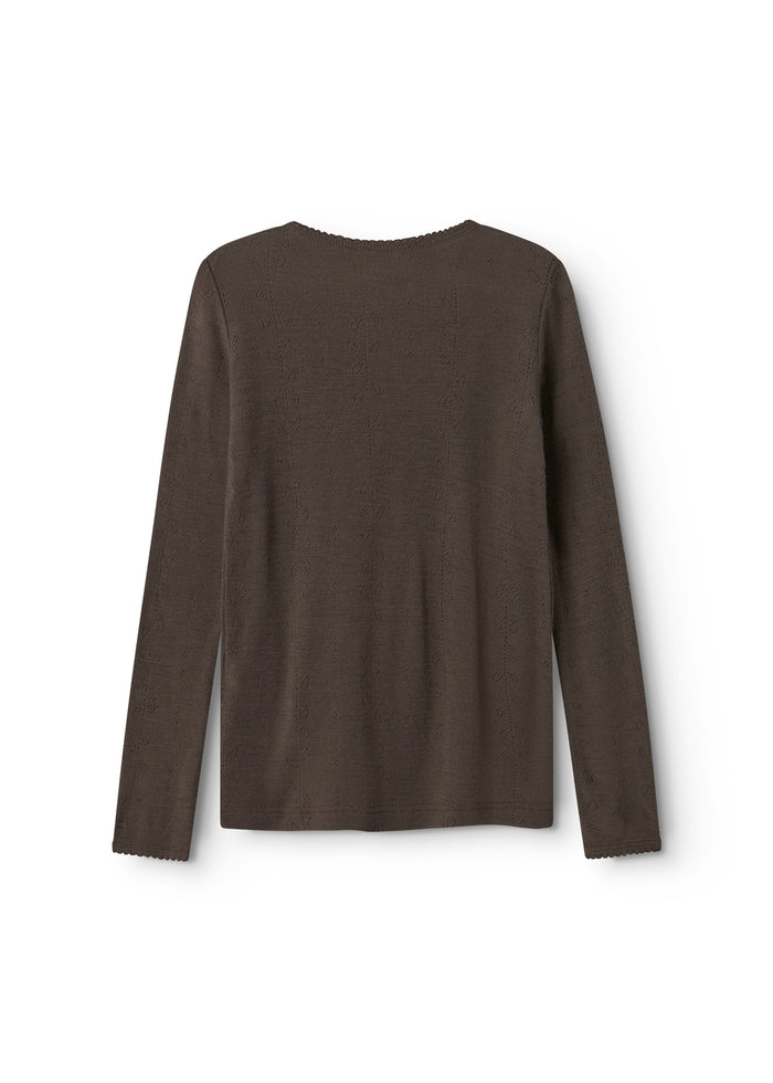 Uld pointelle langærmet T-shirt i mørk brun, set bagfra