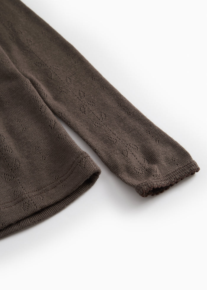 Uld pointelle langærmet T-shirt, mørk brun ærme med ribkant