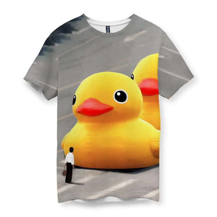 This men's t-shirt features a surreal graphic where colossal inflatable yellow bath ducks with candy apple red beaks tower over a lone figure clutching shopping bags. Contact us with accessibility feedback, we'd love to help!