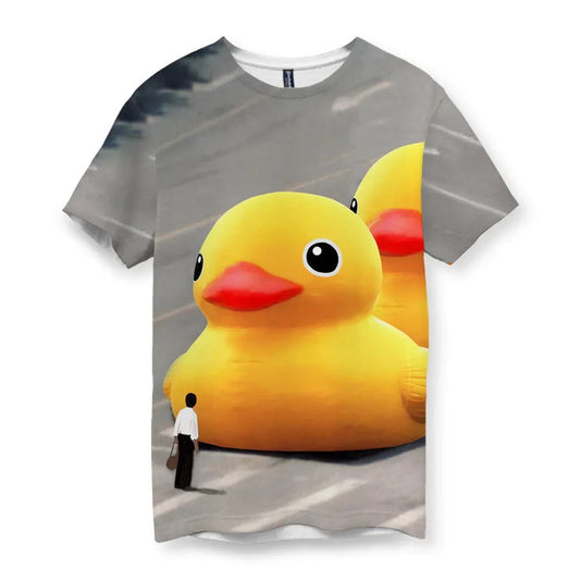 This men's t-shirt features a surreal graphic where colossal inflatable yellow bath ducks with candy apple red beaks tower over a lone figure clutching shopping bags. Contact us with accessibility feedback, we'd love to help!