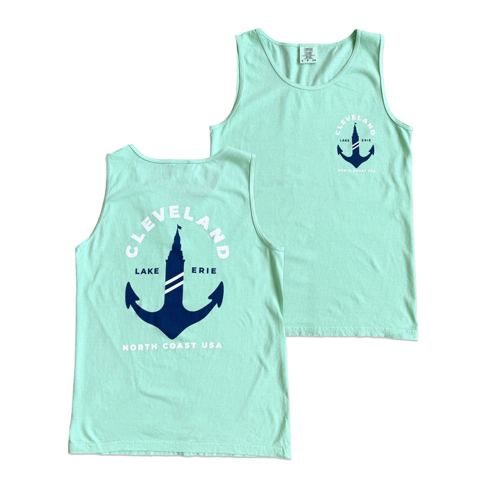 Terminal Tower Anchor unisex tank top featuring a vintage nautical anchor and Cleveland Terminal Tower graphic inspired by Lake Erie and North Coast living