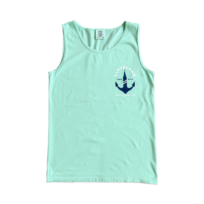 Terminal Tower Anchor unisex tank top featuring a vintage nautical anchor and Cleveland Terminal Tower graphic inspired by Lake Erie and North Coast living