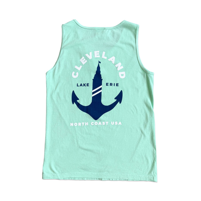Terminal Tower Anchor unisex tank top featuring a vintage nautical anchor and Cleveland Terminal Tower graphic inspired by Lake Erie and North Coast living