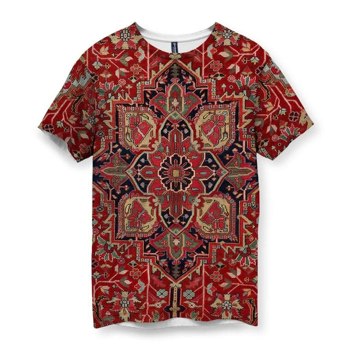 The Dudes Rug T-Shirt - The specific combination of the complex central medallion on a **persian rust base (#C73E3A)** with **midnight indigo (#191929)** borders and **antique parchment golds (#D4B483)** accents, immediately evoking the floor covering that famously "tied the room together."