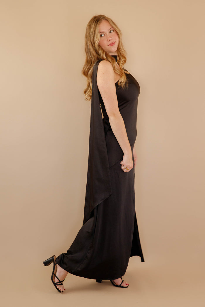 Off The Shoulder Satin Black Dress- Women's Formal Black Dress- Black Neck Scarf Maxi Dress