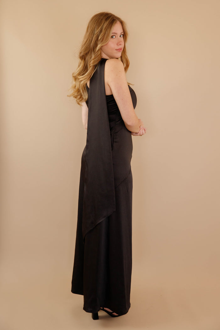 Off The Shoulder Satin Black Dress- Women's Formal Black Dress- Black Neck Scarf Maxi Dress