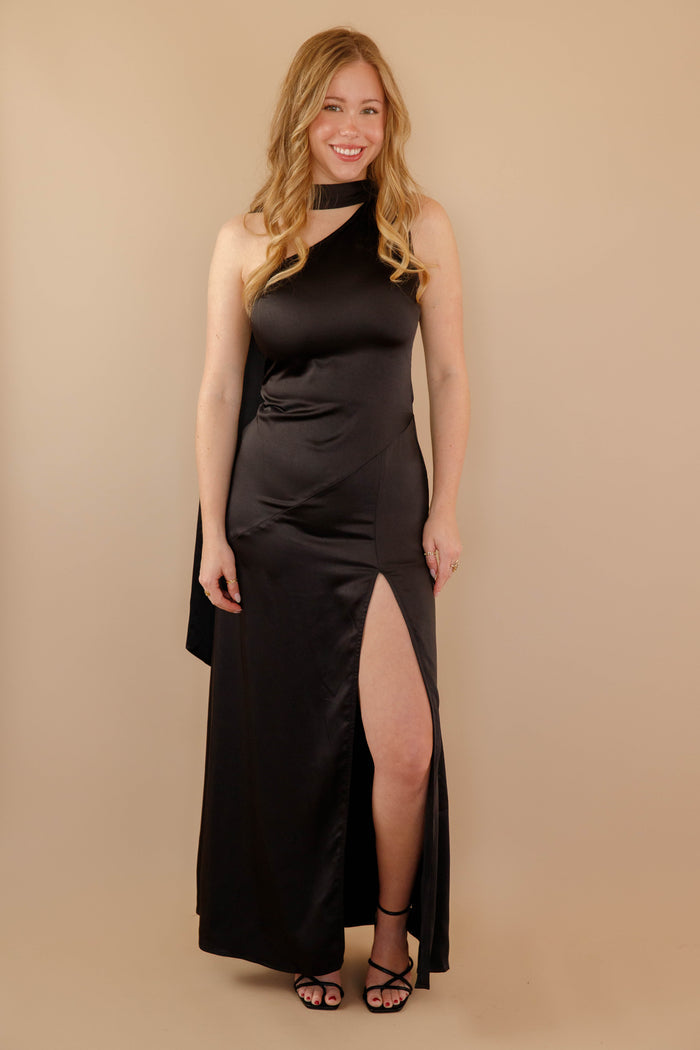 Off The Shoulder Satin Black Dress- Women's Formal Black Dress- Black Neck Scarf Maxi Dress
