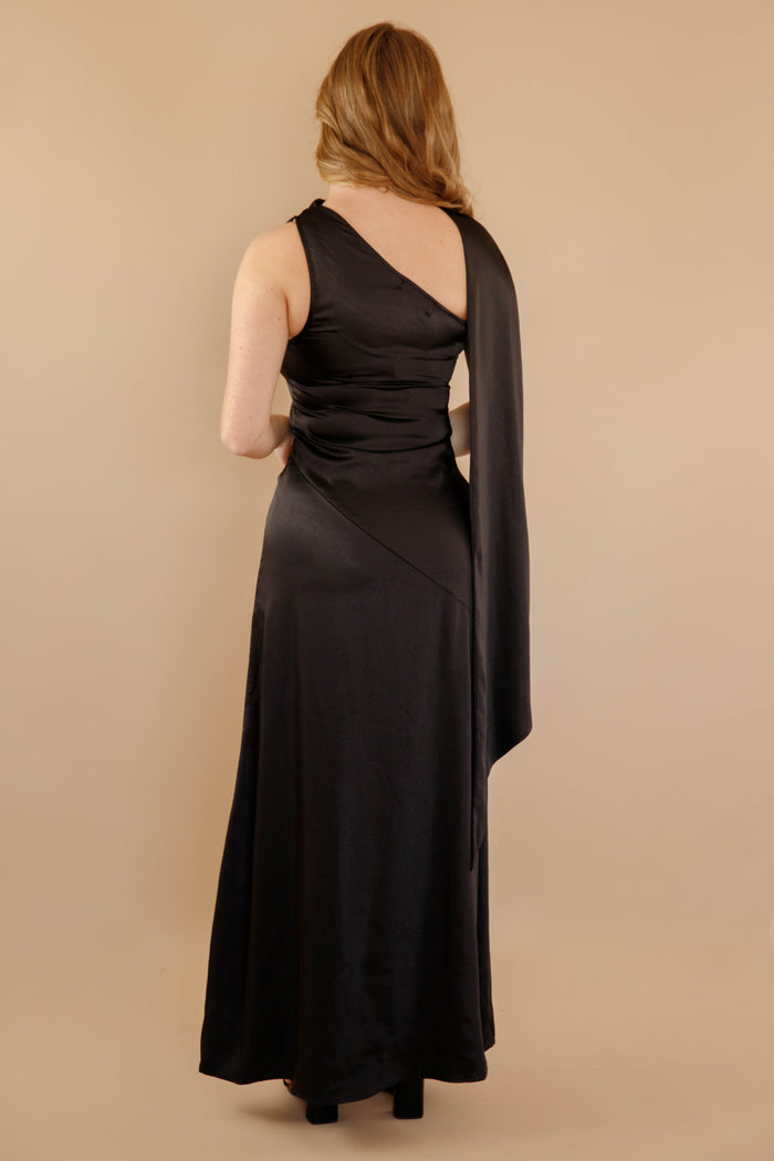 Off The Shoulder Satin Black Dress- Women's Formal Black Dress- Black Neck Scarf Maxi Dress
