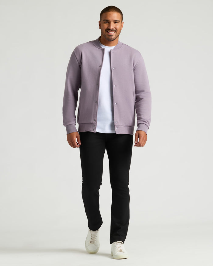 Thistle Fleece Bomber Jacket worn by man in relaxed pose.