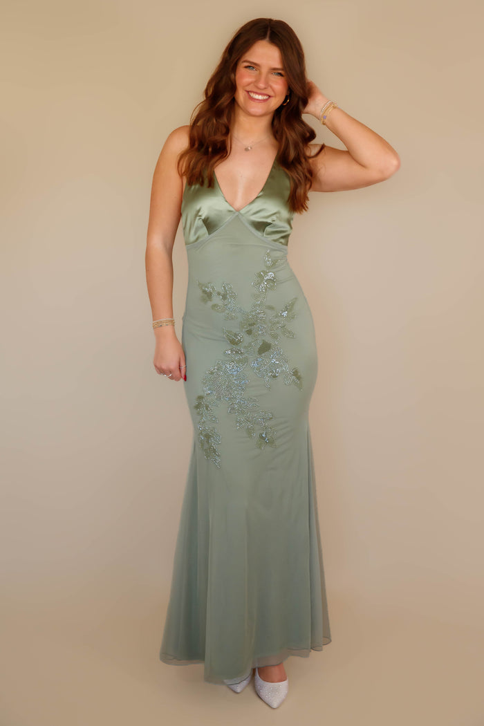 Women's Elegant Beaded Maxi Dress- Green Beaded Evening Gown- The Vintage Shop Dress