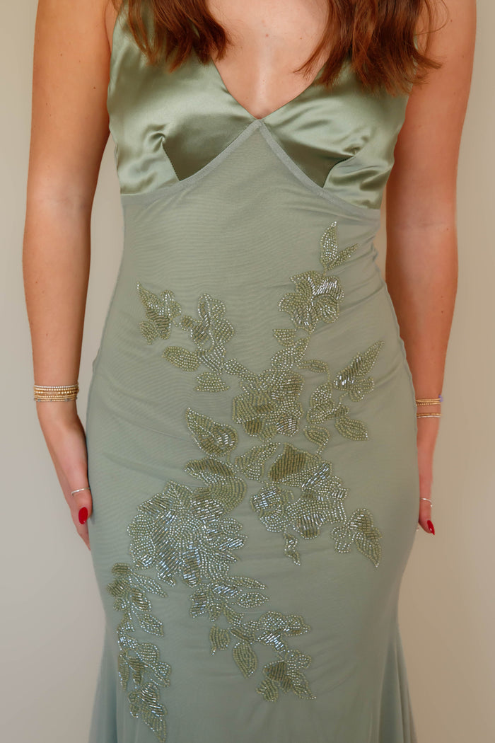 Women's Elegant Beaded Maxi Dress- Green Beaded Evening Gown- The Vintage Shop Dress