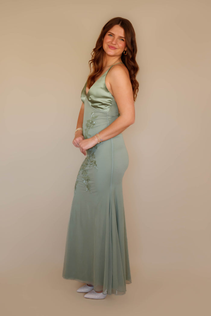 Women's Elegant Beaded Maxi Dress- Green Beaded Evening Gown- The Vintage Shop Dress