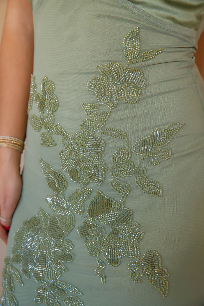 Women's Elegant Beaded Maxi Dress- Green Beaded Evening Gown- The Vintage Shop Dress