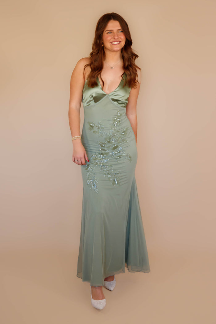 Women's Elegant Beaded Maxi Dress- Green Beaded Evening Gown- The Vintage Shop Dress