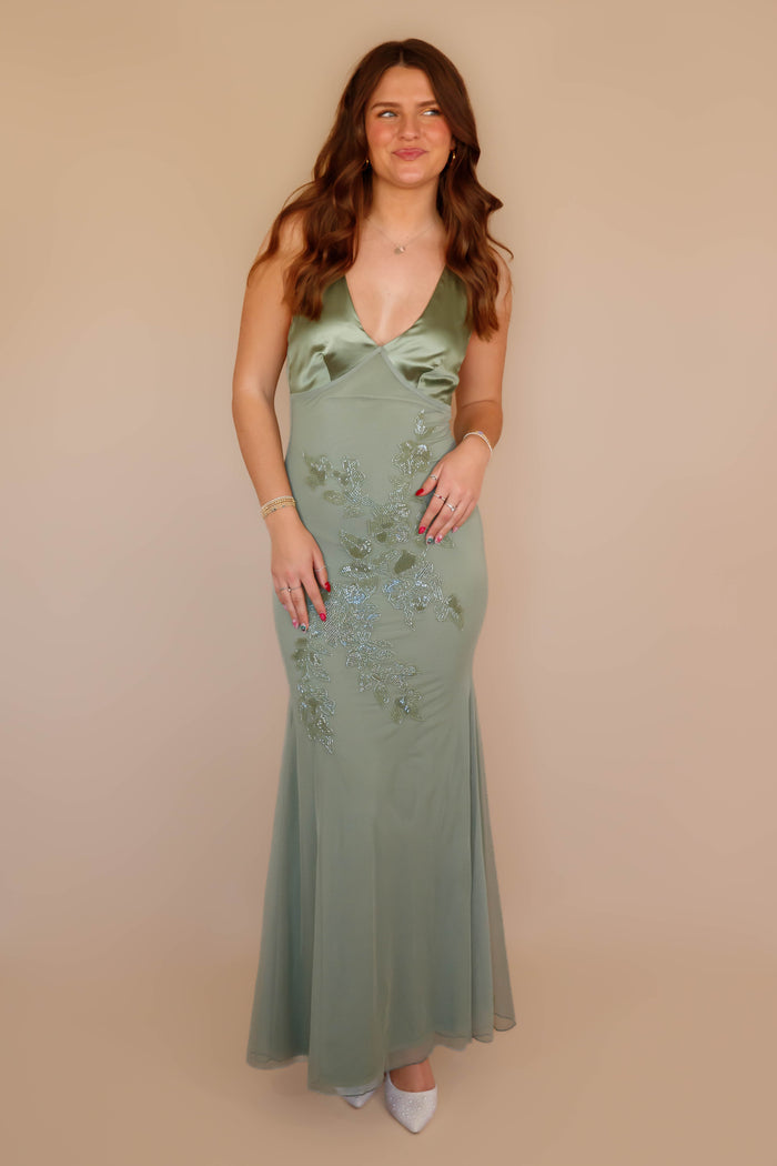 Women's Elegant Beaded Maxi Dress- Green Beaded Evening Gown- The Vintage Shop Dress