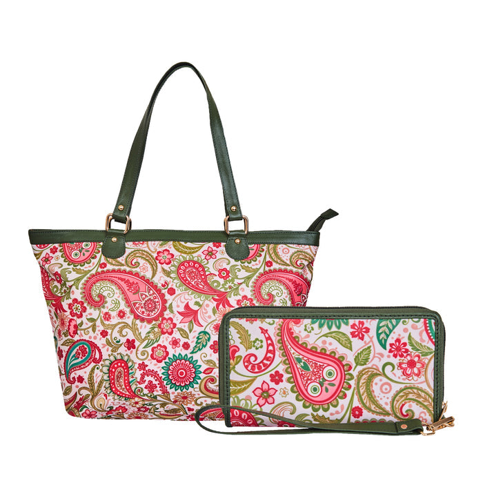 Women's Paisley Print Shoulder Tote Bag with Wristlet Wallet Combo for Travel & Daily Use