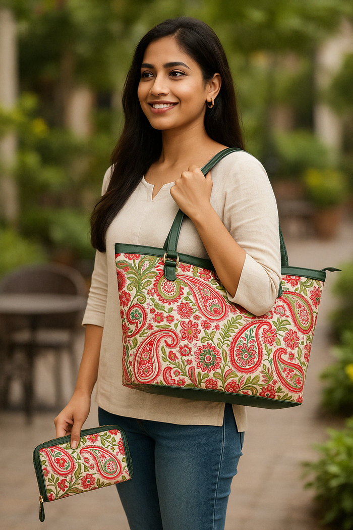 Women's Paisley Print Shoulder Tote Bag with Wristlet Wallet Combo for Travel & Daily Use