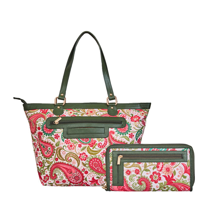 Women's Paisley Print Shoulder Tote Bag with Wristlet Wallet Combo for Travel & Daily Use