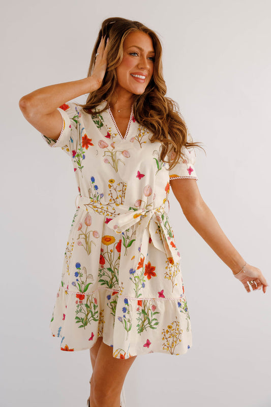 Ivory Floral Dress With Waist Tie- Jodifl Floral Dress