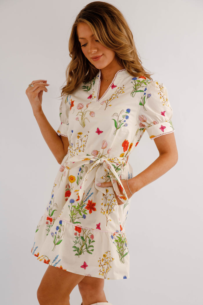 Ivory Floral Dress With Waist Tie- Jodifl Floral Dress