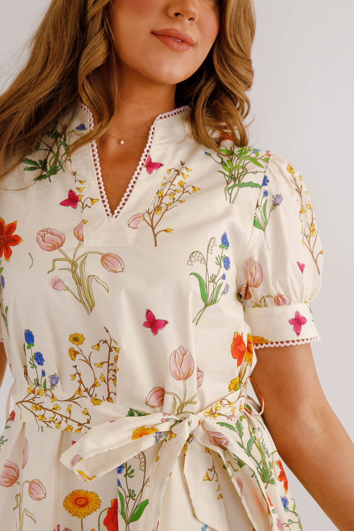 Ivory Floral Dress With Waist Tie- Jodifl Floral Dress