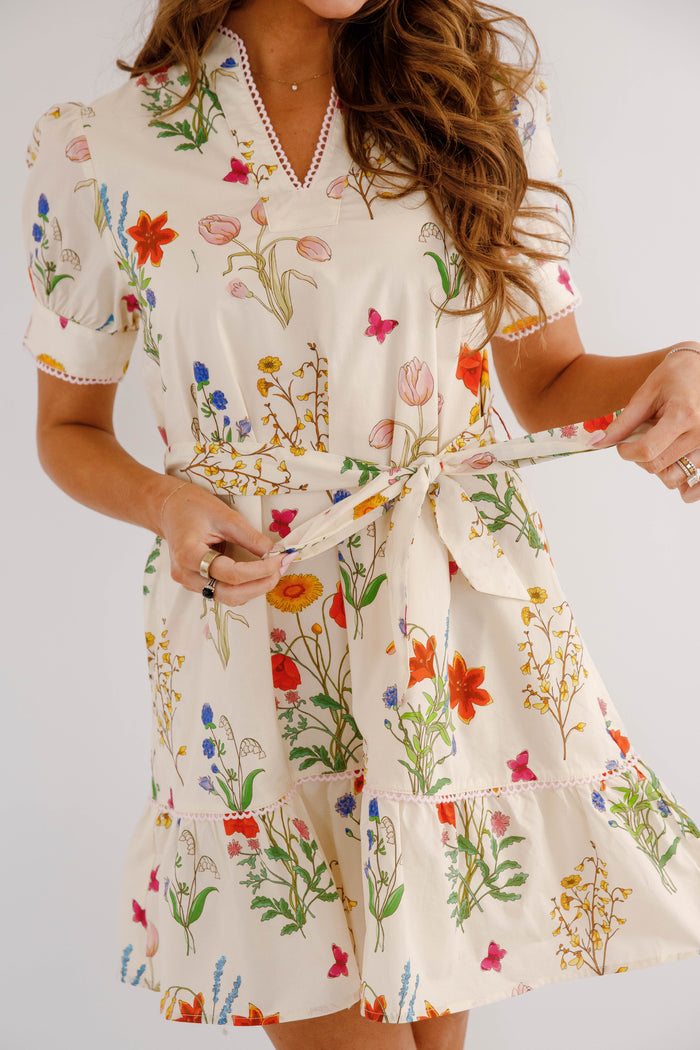 Ivory Floral Dress With Waist Tie- Jodifl Floral Dress