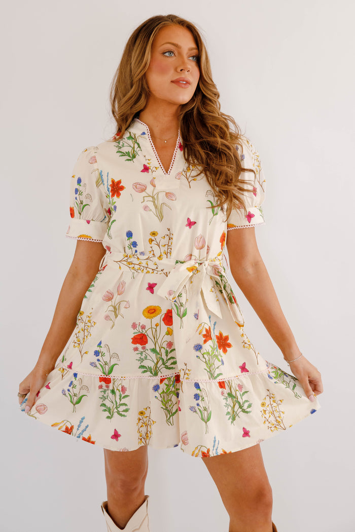 Ivory Floral Dress With Waist Tie- Jodifl Floral Dress