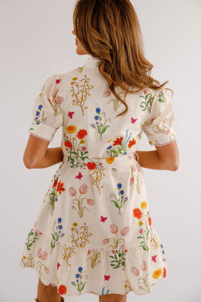 Ivory Floral Dress With Waist Tie- Jodifl Floral Dress