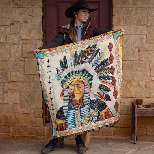 Woman in hat holding Native American scarf
