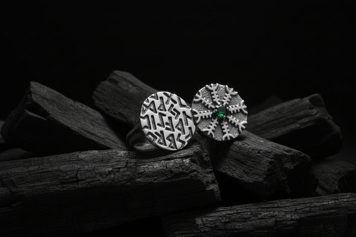 vkngjewelry Ring Twin Disc Silver Ring with Aegishjalmur