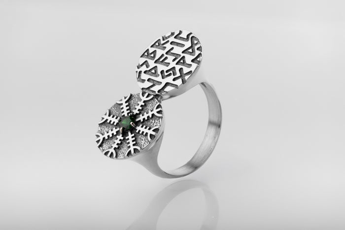 vkngjewelry Ring Twin Disc Silver Ring with Aegishjalmur