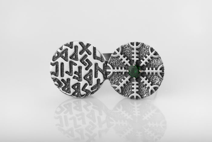 vkngjewelry Ring Twin Disc Silver Ring with Aegishjalmur
