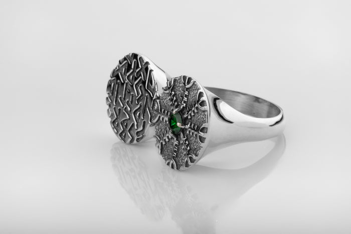 vkngjewelry Ring Twin Disc Silver Ring with Aegishjalmur