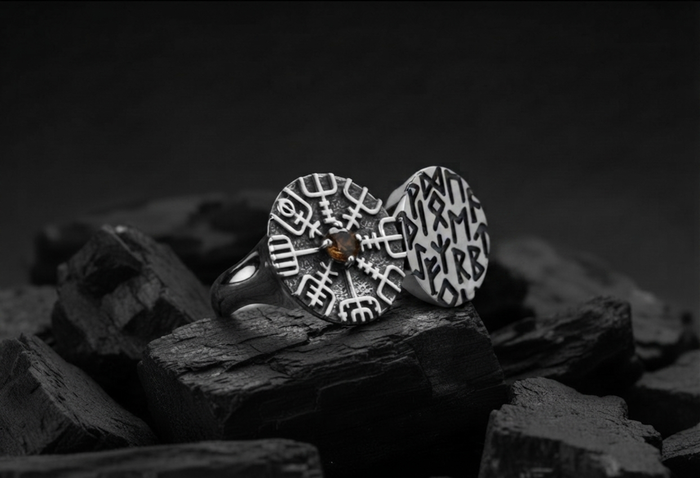 vkngjewelry Ring Twin Disc Silver Ring with Vegvísir