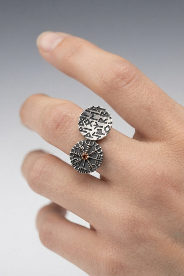 vkngjewelry Ring Twin Disc Silver Ring with Vegvísir