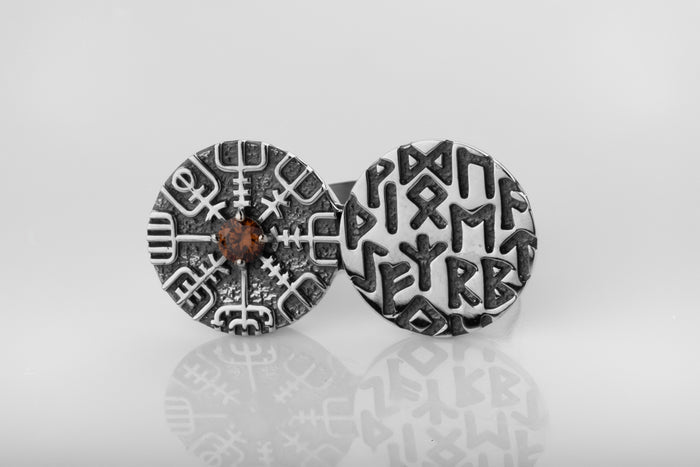 vkngjewelry Ring Twin Disc Silver Ring with Vegvísir