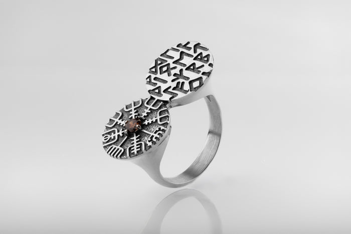 vkngjewelry Ring Twin Disc Silver Ring with Vegvísir