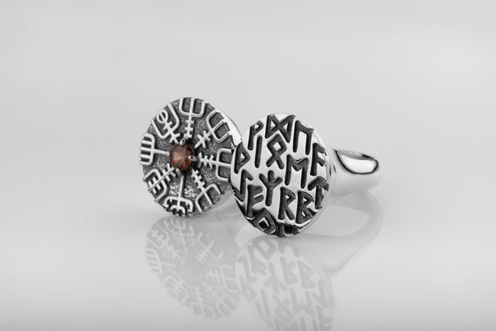 vkngjewelry Ring Twin Disc Silver Ring with Vegvísir