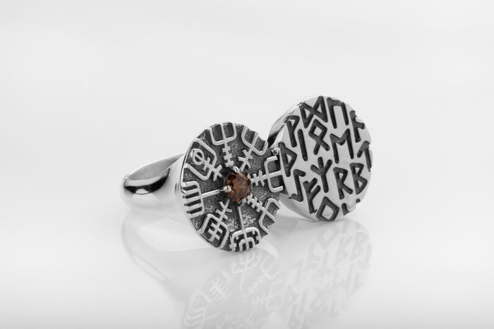 vkngjewelry Ring Twin Disc Silver Ring with Vegvísir