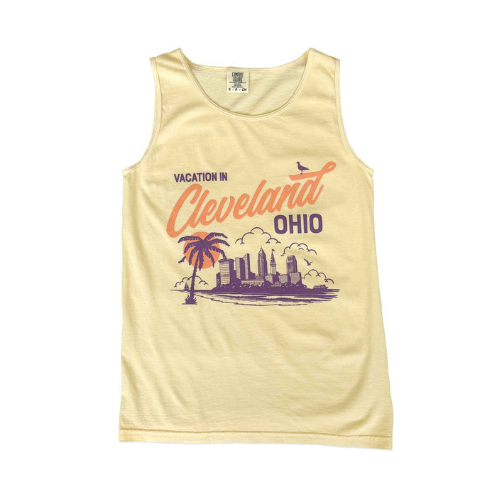 Yellow tank top with 'Vacation in Cleveland, Ohio' graphic on a white background