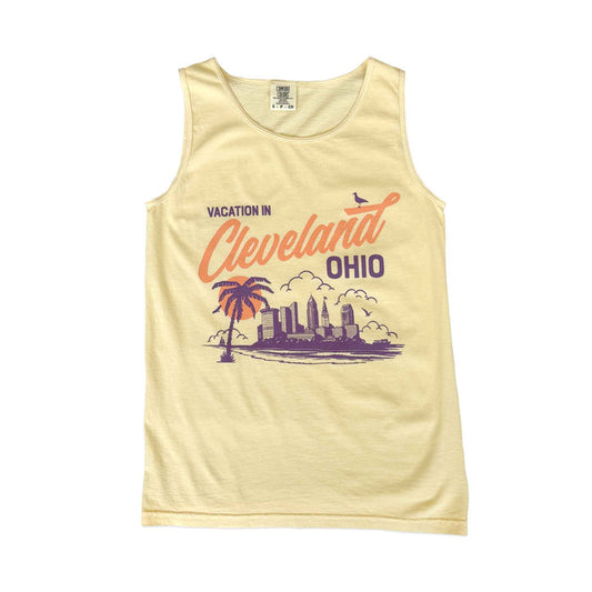 Yellow tank top with 'Vacation in Cleveland, Ohio' graphic on a white background