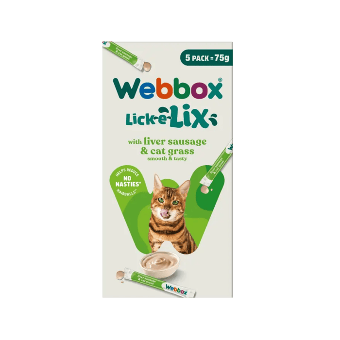 White background with a cream box of 75g Webbox Lick-e-lix liver and cat grass treats for cats, with a tabby cat licking it's lips on the box.
