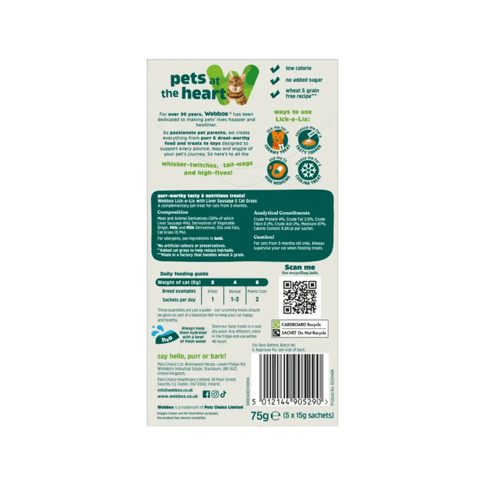 White background with a back view of a  cream box of 75g Webbox Lick-e-lix liver and cat grass treats for cats, with a tabby cat licking it's lips on the box.