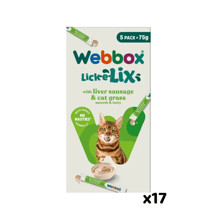 White background with a cream box of 75g Webbox Lick-e-lix liver and cat grass treats for cats, with a tabby cat licking it's lips on the box.