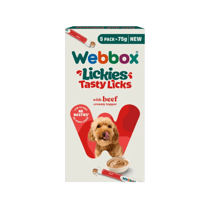 White background with a cream box of 75g Webbox Lickies beef treats for dogs, with a dog licking it's lips on the box.