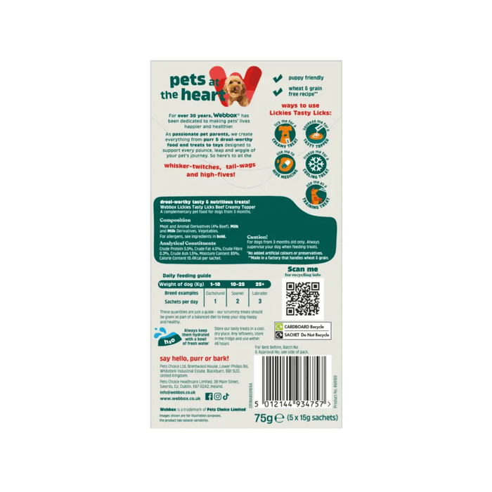White background with a back view of a  cream box of 75g Webbox Lickies beef treats for dogs, with a dog licking it's lips on the box.