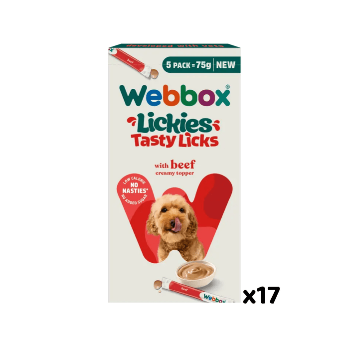 White background with a cream box of 75g Webbox Lickies beef treats for dogs, with a dog licking it's lips on the box.
