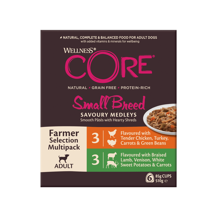 White background with a box of Wellness CORE Small Breed Dog food pictured. On the box is a bowl of wet food and text 'Wellness CORE, Natural, Grain Free, Protein-Rich, Small Breed, Savoury Medleys, Farmer Selection Mutlipack Adult.'