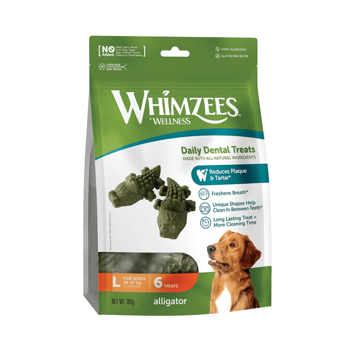 White background with a green and white bag of Whimzeez Dental Alligator Treats with a golden retriever type dog pictured on the packet.